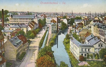 Das Bild zeigt einen Blick auf Crimmitschau Anfang des 19. Jahrhunderts mit zahlreichen Schornsteinen.